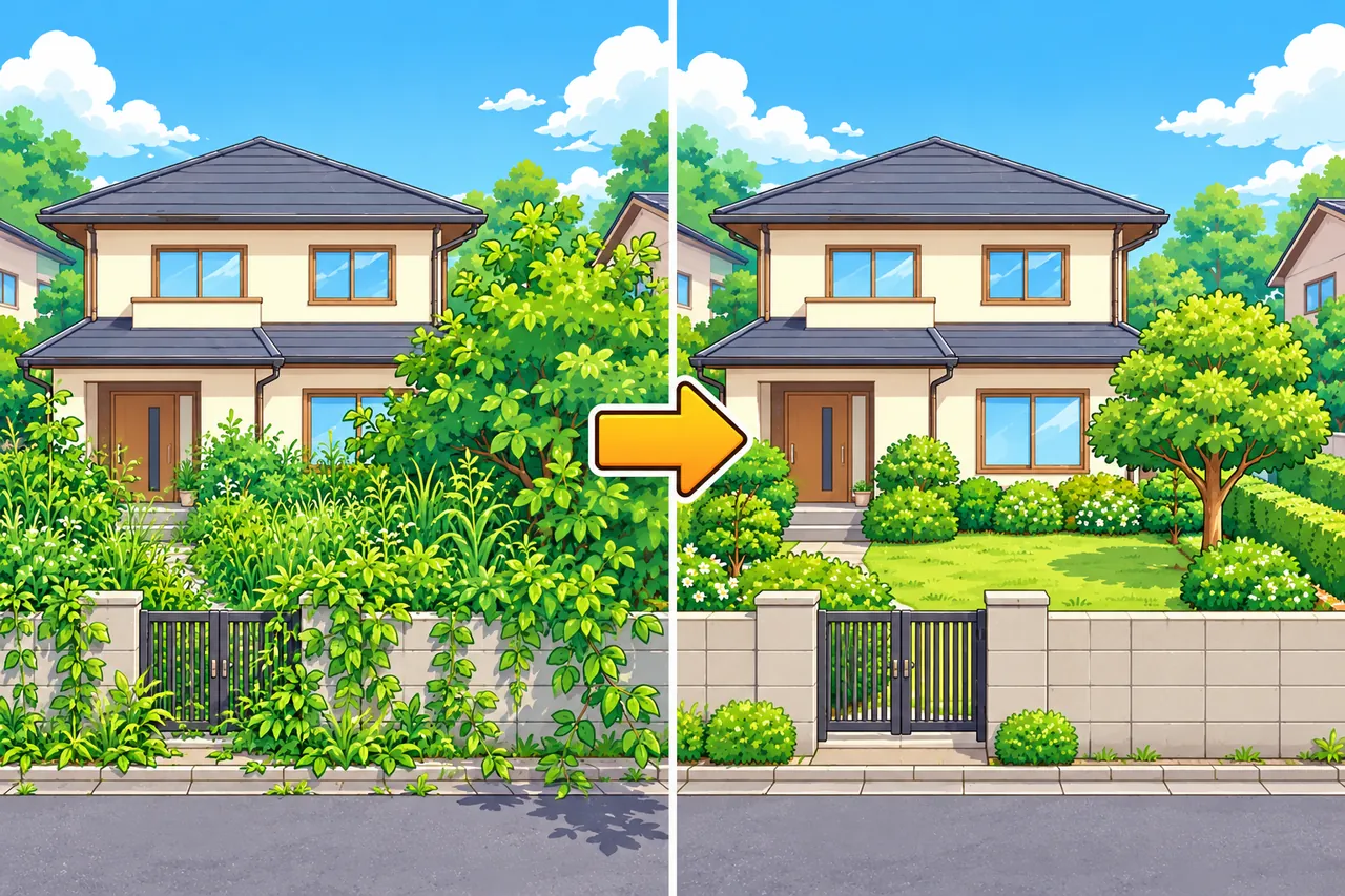草が伸びた空き家の庭と、草を刈って枝を整えたあとの同じ庭のイラスト