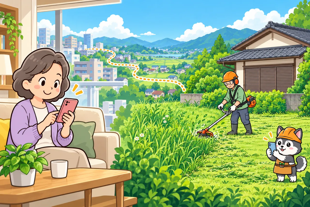 遠くの空き家の庭で草を刈る職人さんと、スマホで報告を見る人のイラスト
