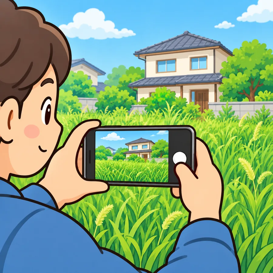 庭の写真をスマホで撮るイラスト