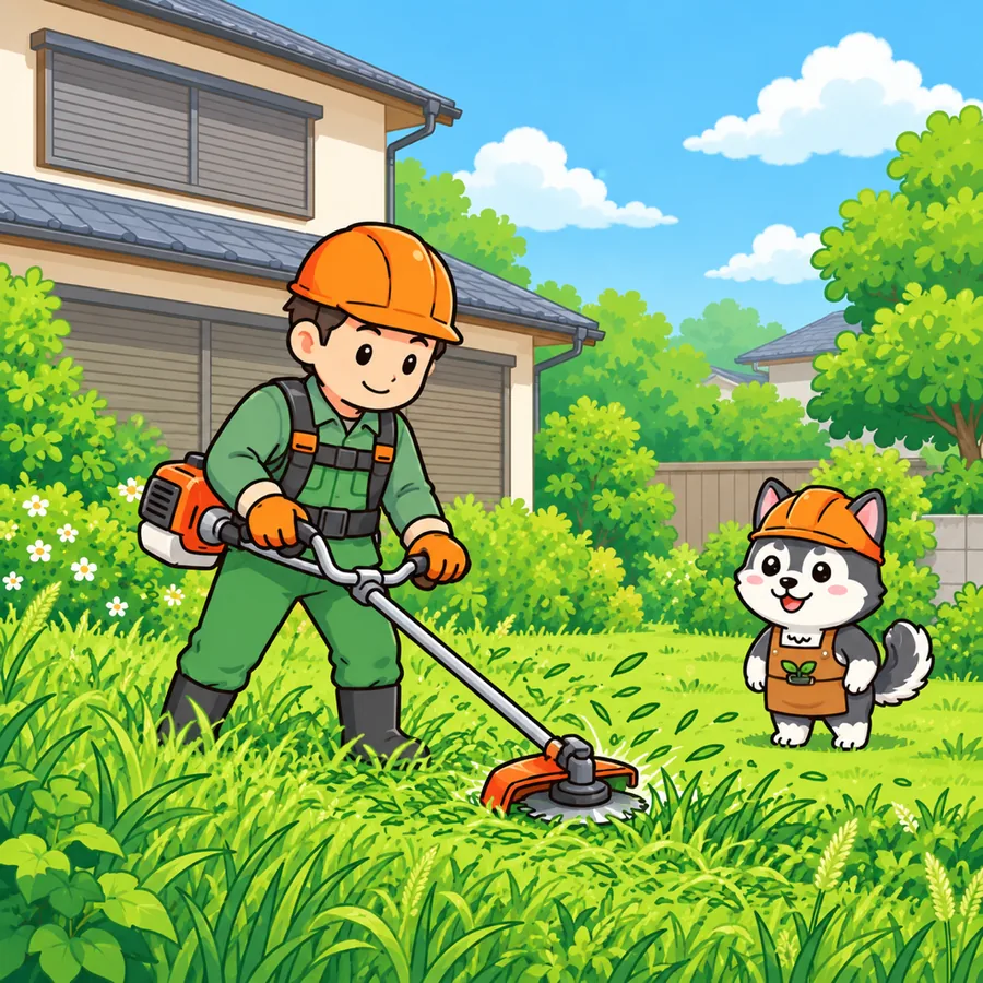 だれもいない空き家の庭で職人さんが草を刈るイラスト
