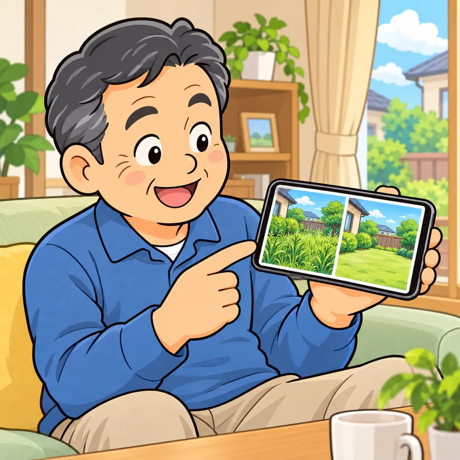 スマホに届いた作業の前と後の写真を見てほっとする人のイラスト