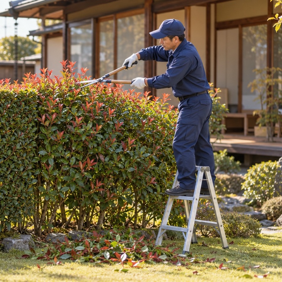 作業着の庭師が、日本家屋の庭で脚立に乗り、刈り込みばさみで生垣を整えているイメージ写真