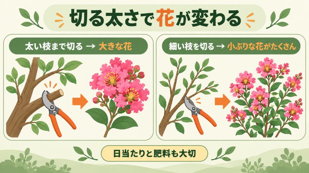 太い枝まで切ると大きな花、細い枝を切ると小ぶりな花がたくさん咲くことを比べた図