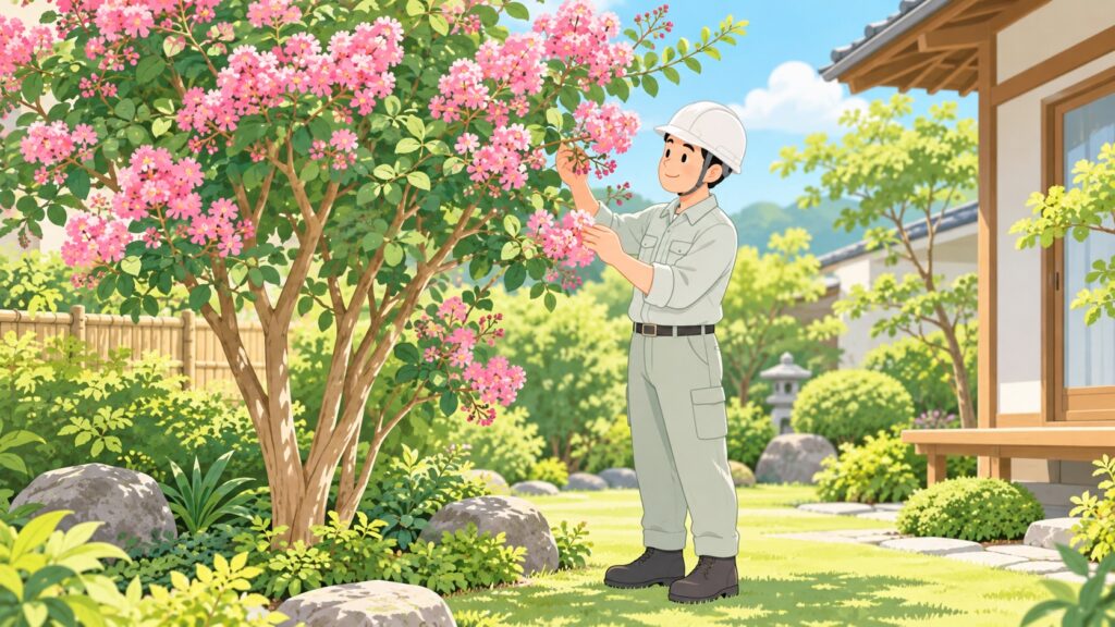 夏にピンクの花が咲いたサルスベリの小枝を、庭の持ち主が軽く確かめている場面の挿し絵