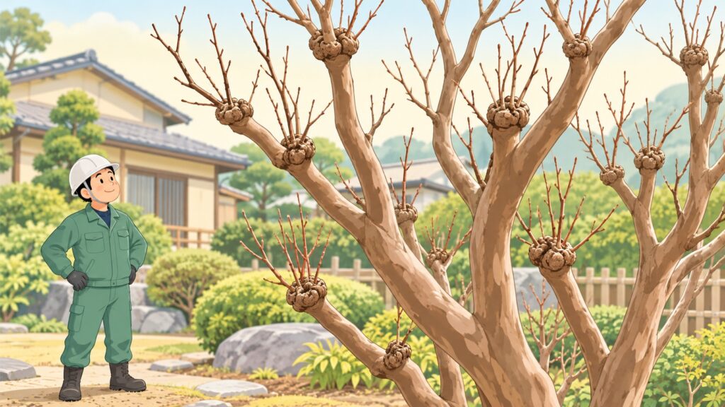 冬のサルスベリの枝先がこぶのようにふくらみ、細い枝が何本も出ている様子の挿し絵