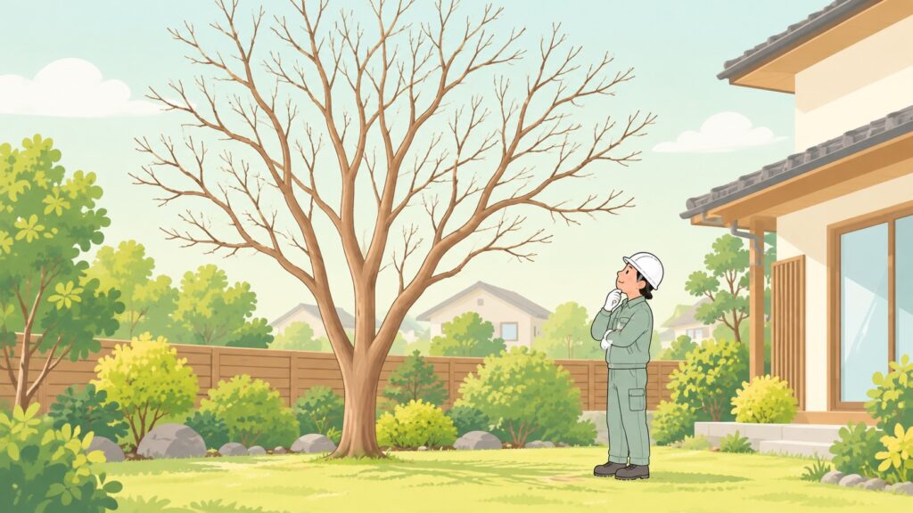 背の高くなった冬のサルスベリを見上げて、整え方を考える場面の挿し絵