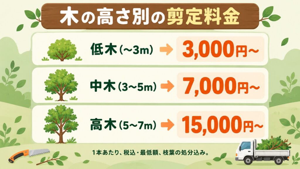 木の高さ別の剪定料金の図。低木3,000円〜、中木7,000円〜、高木15,000円〜(税込・最低額・処分込み)