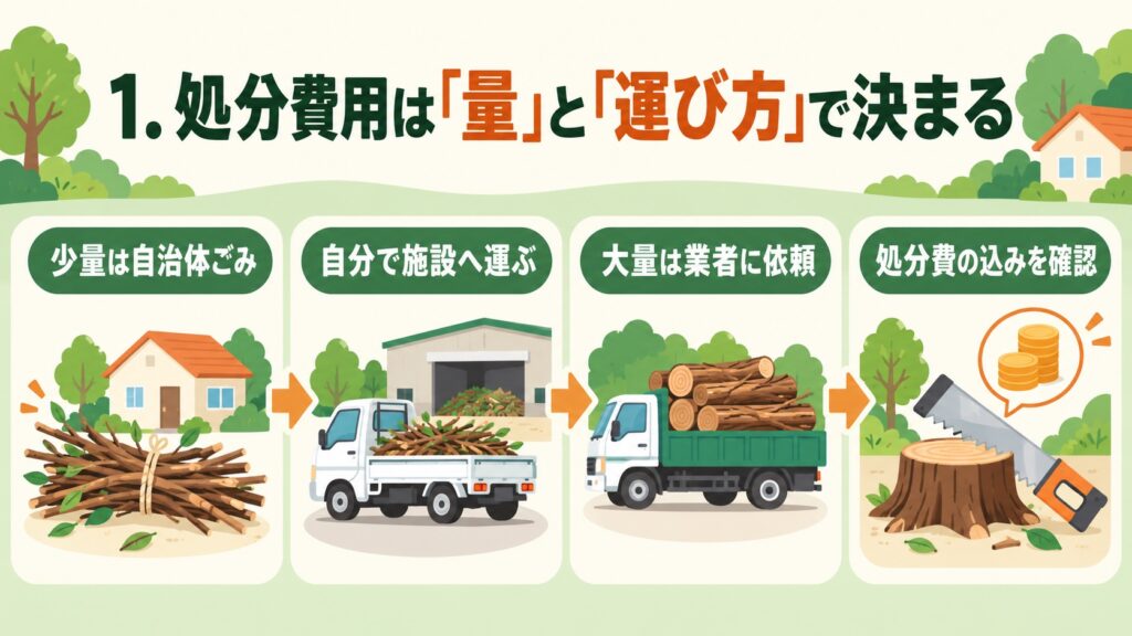 処分費用は「量」と「運び方」で決まることを、少量の自治体ごみから大量の業者依頼まで段階的に示した図