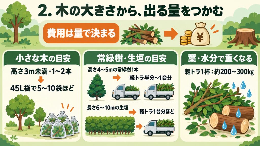 木の大きさから出る量を把握し、費用が量で決まることを示した図