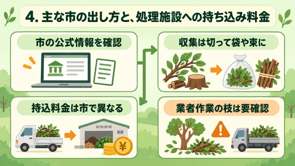 主な市の出し方と処理施設への持ち込み料金、市の公式情報確認、収集方法、持ち込み料金の違い、業者作業の枝の確認を示した図