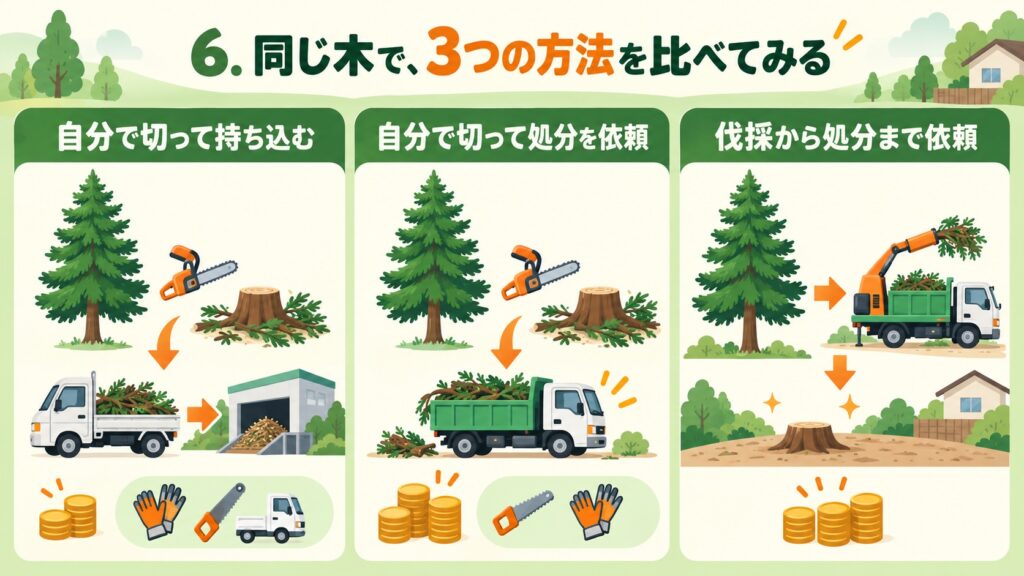 同じ木を処理する3つの方法（自分で切って持ち込む、自分で切って処分を依頼、伐採から処分まで依頼）を比較した図