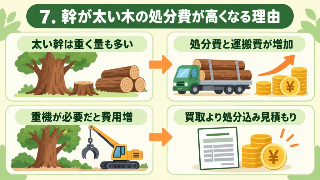 太い木の処分費が高くなる理由を、重さ、運搬、重機、見積もりの観点から説明した図