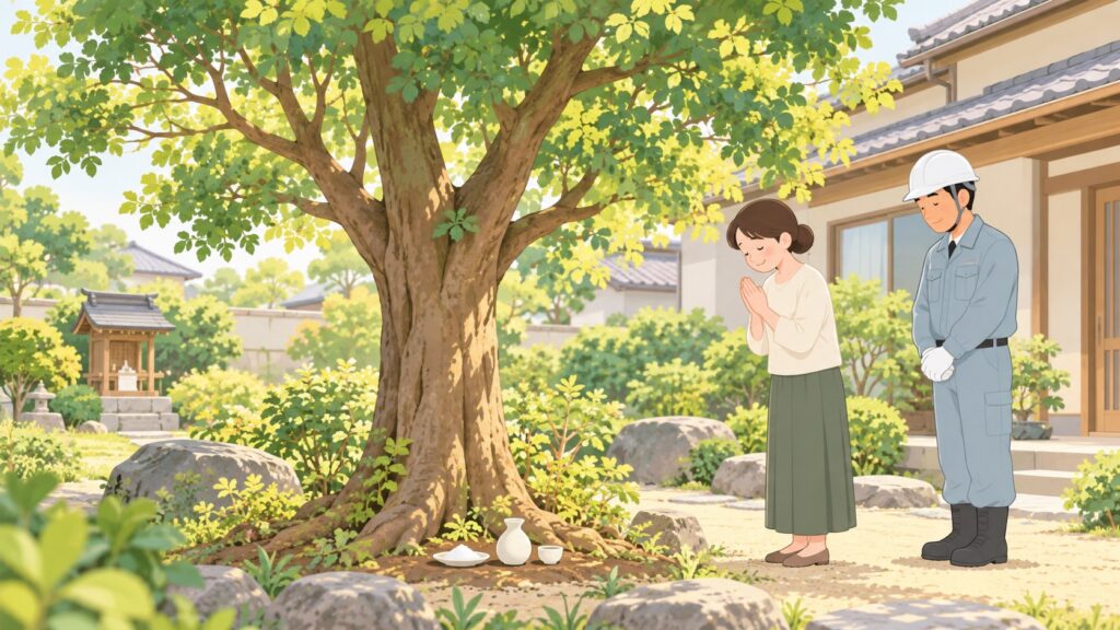 10. お祓い・お清めはどうする?のイメージ:庭で女性と男性が木に向かってお辞儀をしている