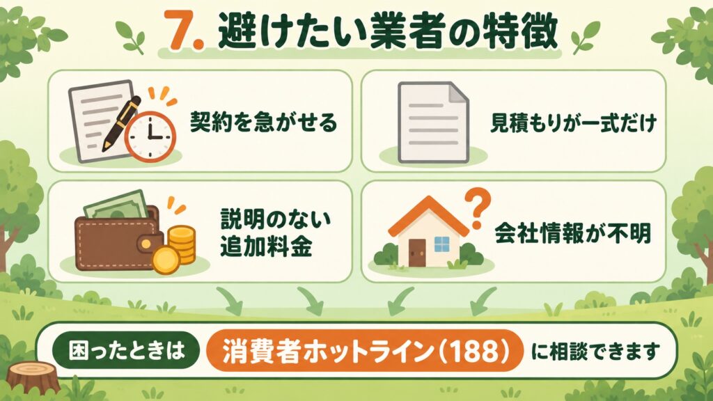 避けたい業者の特徴と、困ったときの相談先を示した図