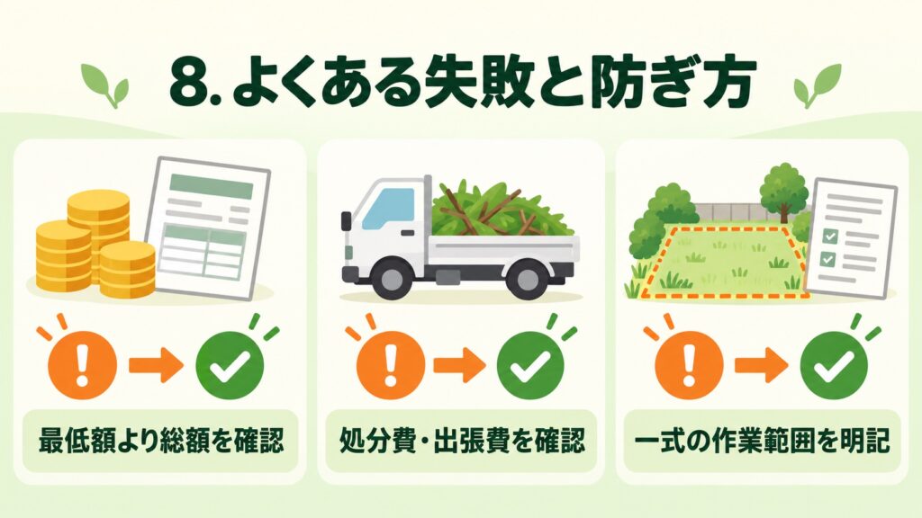 よくある失敗と防ぎ方として、最低額より総額を確認、処分費・出張費を確認、一式の作業範囲を明記することを示した図