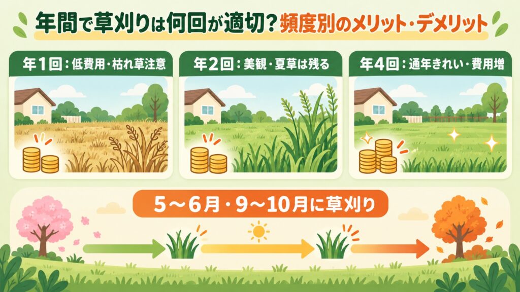 草刈りの頻度によるメリット・デメリットと、適切な時期を示した図