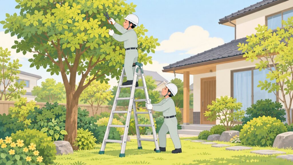 背の高い庭木の枝を切るため脚立に乗る人と、脚立を支える人の挿し絵