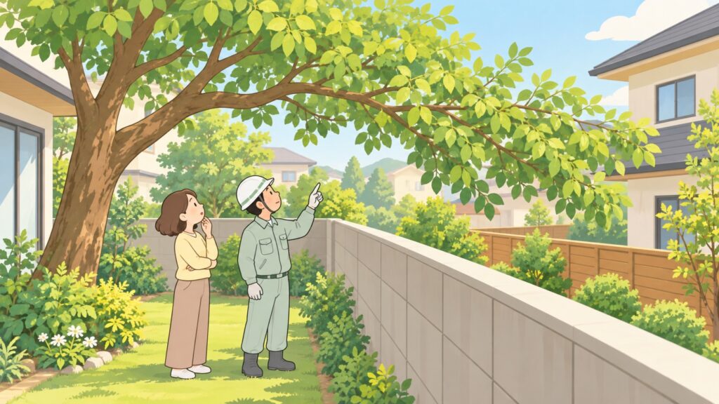 塀を越えて隣の庭にはみ出した庭木の枝を、2人が見上げている場面の挿し絵