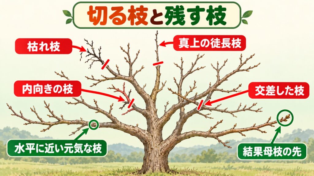 冬の柿の木で、枯れ枝・内向きの枝・交差した枝・真上の徒長枝を切り、水平に近い元気な枝を残すことを示した図