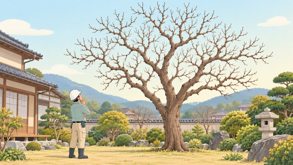 背の高くなった冬の柿の木を見上げて、整え方を考える場面の挿し絵