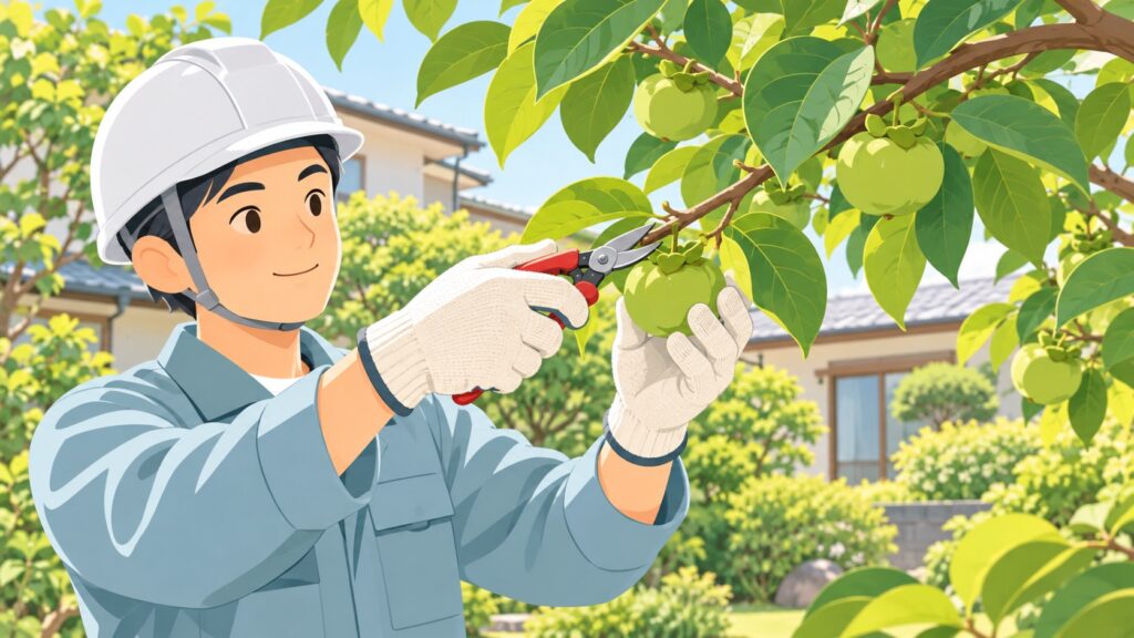 夏の柿の枝で、余分な小さな青い実を手で摘み取る場面の挿し絵