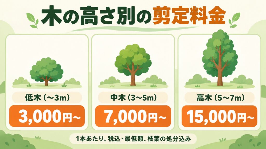 木の高さ別の剪定料金の図。低木3,000円〜、中木7,000円〜、高木15,000円〜(税込・最低額・処分込み)