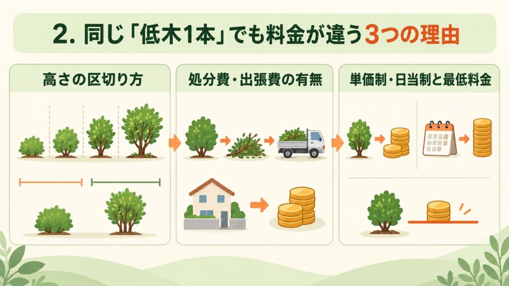 同じ「低木1本」でも料金が違う3つの理由として、高さの区切り方、処分費・出張費の有無、単価制・日当制と最低料金を示した図