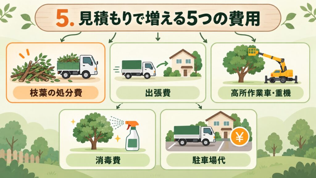 5. 見積もりで増える5つの費用：枝葉の処分費、出張費、高所作業車・重機、消毒費、駐車場代