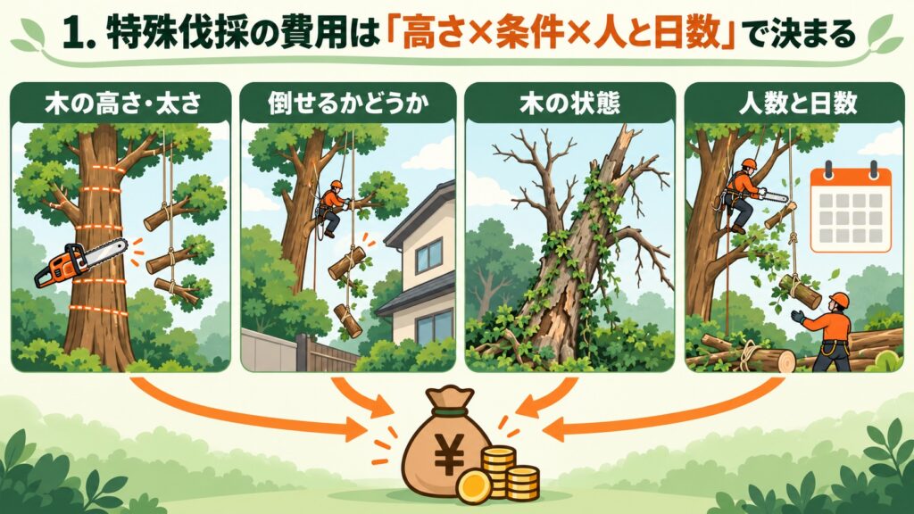 特殊伐採の費用は「高さ×条件×人と日数」で決まることを示した図