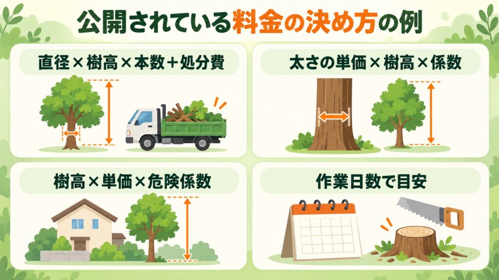 特殊伐採の料金の決め方の例として、「直径×樹高×本数+処分費」「太さの単価×樹高×係数」「樹高×単価×危険係数」「作業日数で目安」の4つを示した図