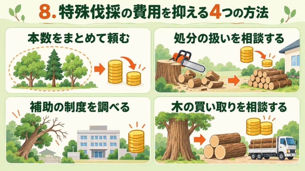 特殊伐採の費用を抑える4つの方法として、「本数をまとめて頼む」「処分の扱いを相談する」「補助の制度を調べる」「木の買い取りを相談する」を示した図