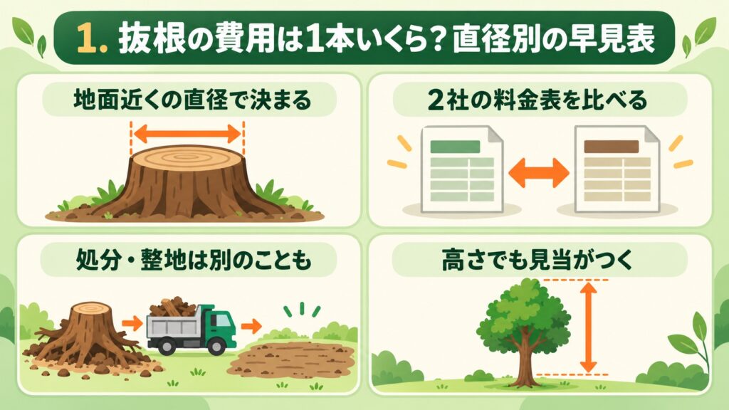 抜根の費用は1本いくら？直径別の早見表を示した図