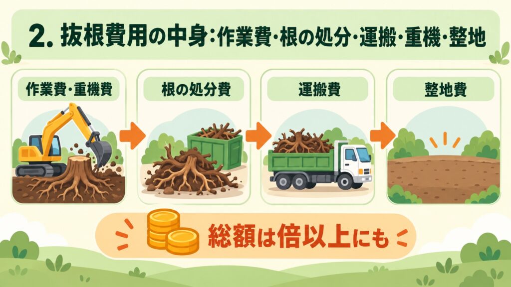 抜根費用の内訳として、作業費・重機費、根の処分費、運搬費、整地費を足すと、総額が倍近くになることもあることを示した図