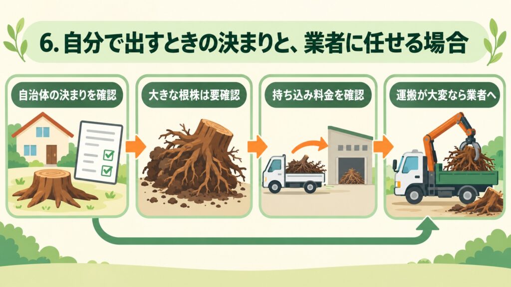 自分で出すときの決まりと、業者に任せる場合について、自治体の決まりや持ち込み料金の確認、大きな根株の処理方法を示した図
