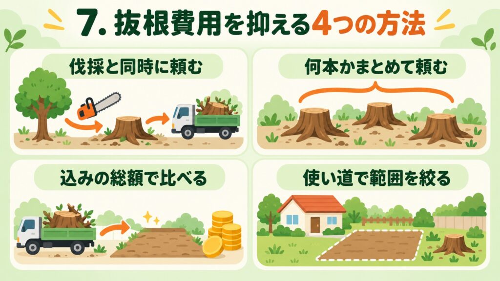7. 抜根費用を抑える4つの方法：伐採と同時に頼む、何本かまとめて頼む、込みの総額で比べる、使い道で範囲を絞る