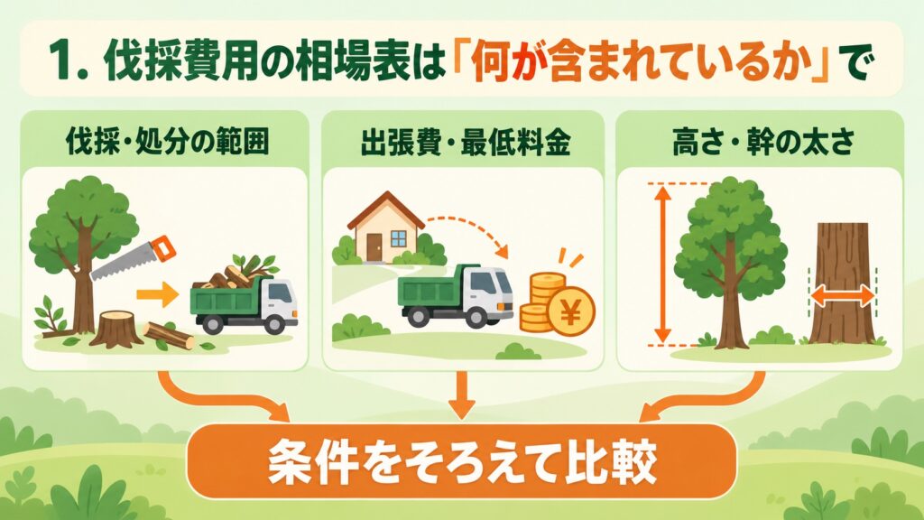 伐採費用の相場表は「何が含まれているか」で、伐採・処分の範囲、出張費・最低料金、高さ・幹の太さの条件をそろえて比較することを示した図