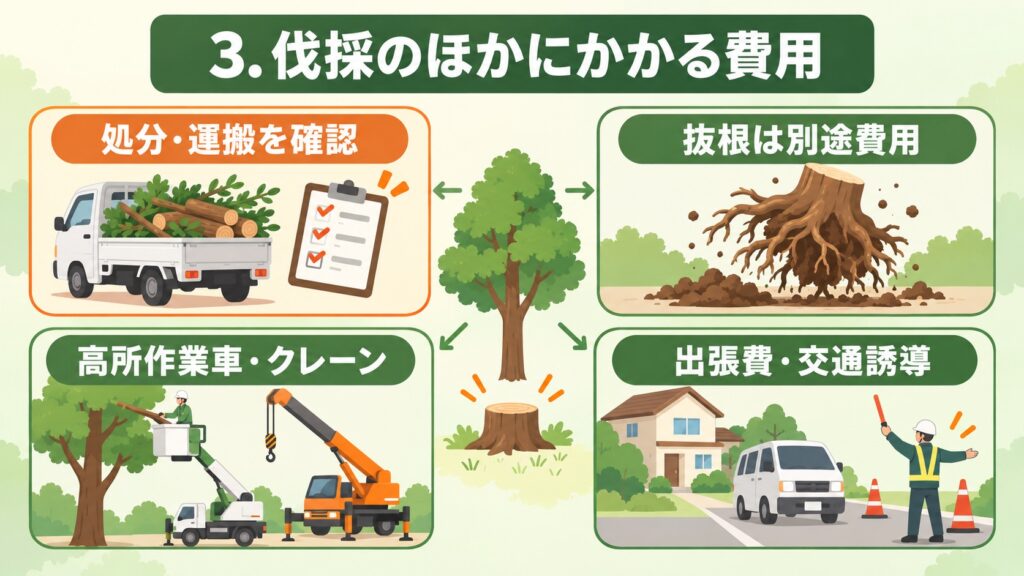 伐採のほかにかかる費用として、処分・運搬、抜根、高所作業車・クレーン、出張費・交通誘導を示した図