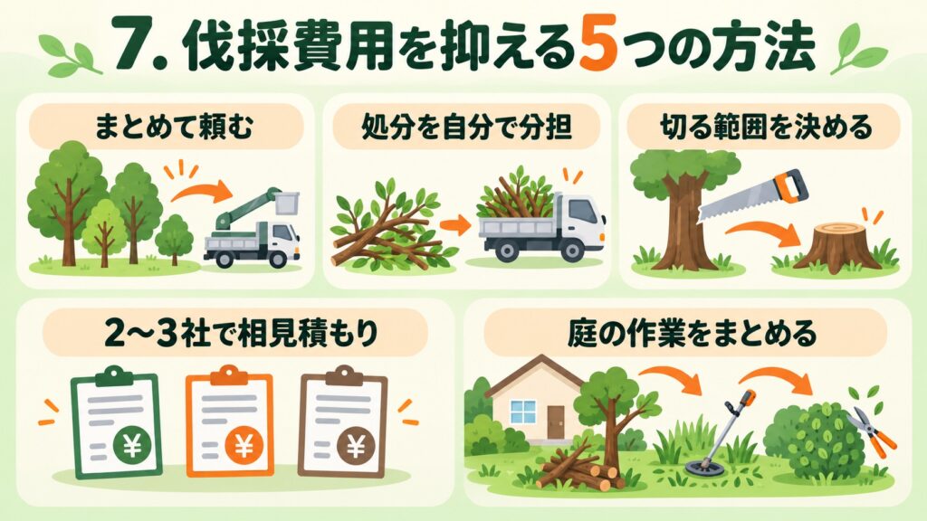 伐採費用を抑える5つの方法として、「まとめて頼む」「処分を自分で分担」「切る範囲を決める」「2〜3社で相見積もり」「庭の作業をまとめる」を示した図