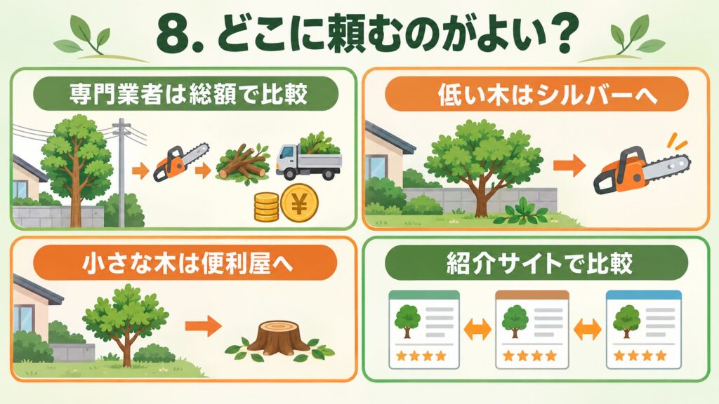 木の伐採をどこに依頼すべきか、専門業者、シルバー人材センター、便利屋、紹介サイトの4つの選択肢を比較した図