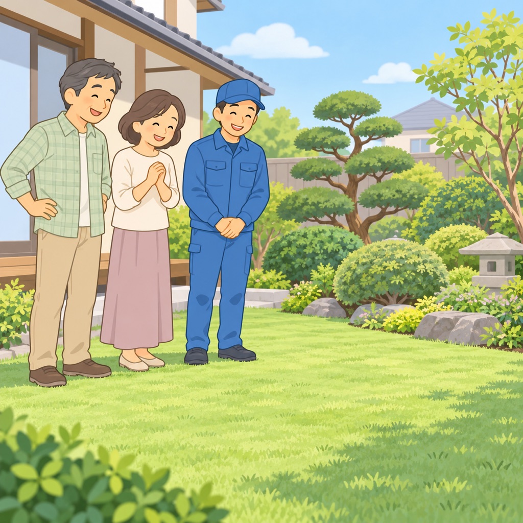 イラスト：草を刈りそろえた家の庭で、夫婦と作業員が笑顔で立っている