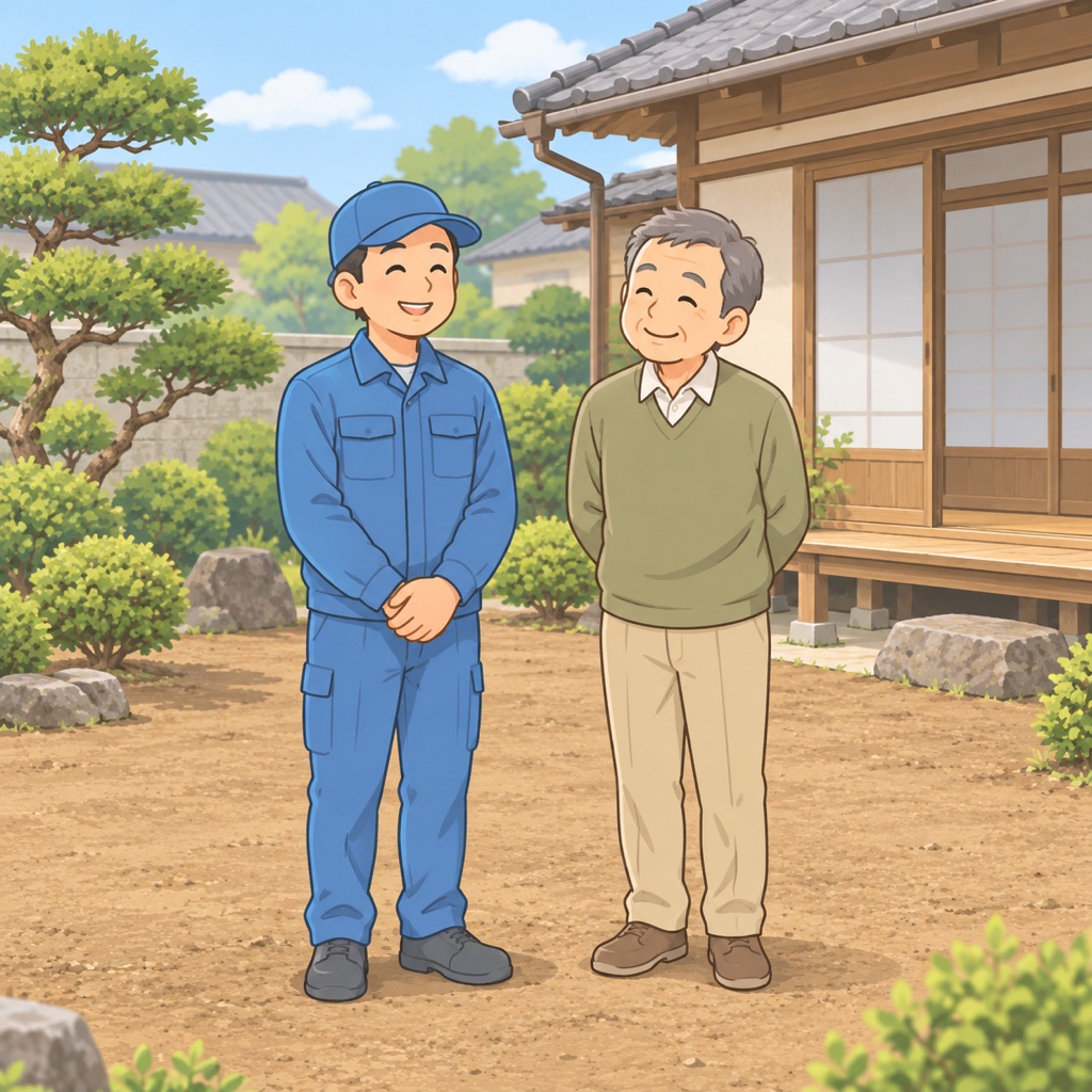 イラスト:木を伐採して整地した庭で、年配の男性と作業員が笑顔で並んでいる