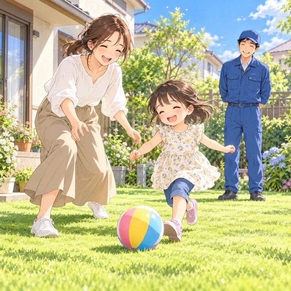 イラスト：草を短く刈った庭で母親と子どもがボール遊びをし、作業員が見守っている
