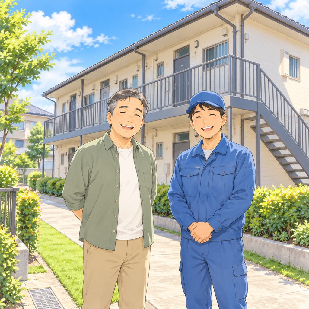 イラスト：植え込みを刈った2階建てのアパートの前で、持ち主の男性と作業員が笑顔で並んでいる