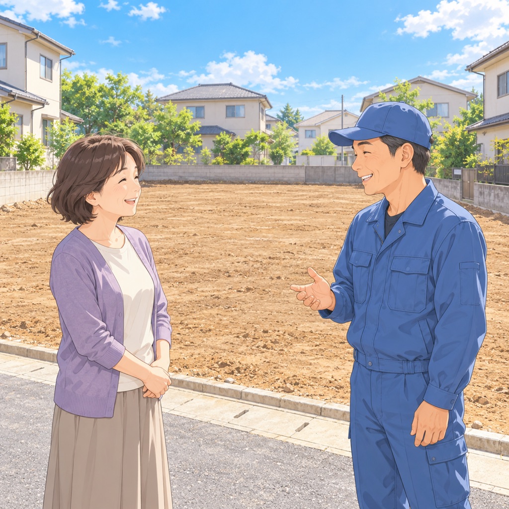 イラスト:木を撤去して平らにした空き地の前で、女性と作業員が話している